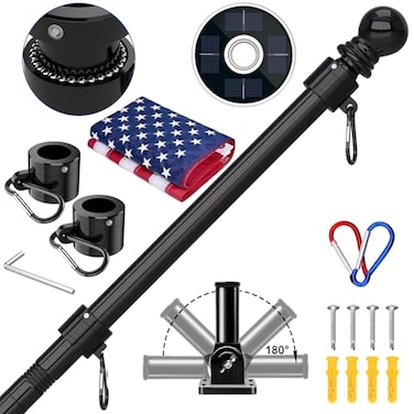 ZMTECH 6FT Flag Pole Kit with Solar Light and Embroidered American Flag Adjustable Bracket and Upgraded TangleFree Ring 1 Stainless Steel Flagpole for Day and Night Residential Commercial Black