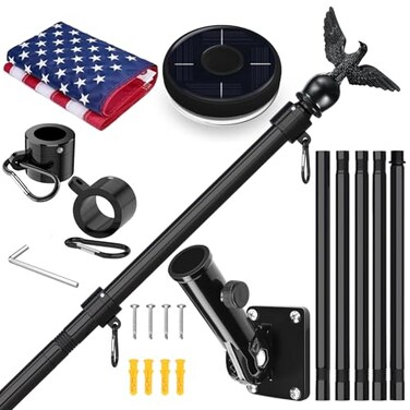 LETSTRY 6FT Black Flag Pole Kit for Outside House with American Flag Solar Light1 Thickened Stainless Steel Wall Mount Flagpole with 180Adjustable Bracket for Residential Outdoor PorchPorch