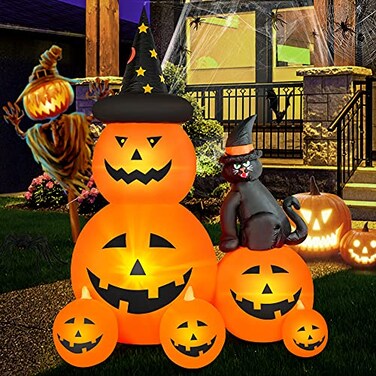 HOPOCO 6 FT Halloween Inflatable Decorations Spooky Ghost Pumpkin Lighted and Witchs Cat Halloween Decorations Outdoor Inflatables Pumpkin Combo with Buildin LED Blow Up Inflatables for Yard Garden