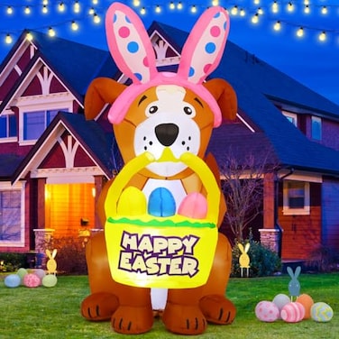 GOOSH 52 FT Easter Inflatables Dog Outdoor Decorations Blow Up Yard Cute Dog with Easter Eggs with Builtin LEDs for Easter Party Yard Garden Lawn Holiday Decor