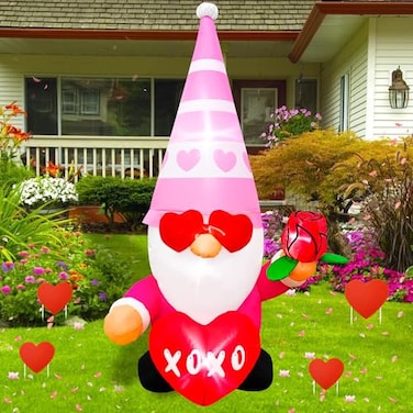 JOYEASE 4 FT Valentines Day Inflatables Pink Gnome with Rose Decoration LED Lighted Valentines Day Blow up for Romantic Wedding Anniversary Assignation Party Decor