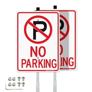 Faittoo No Parking Signs with 36 Stake for Outside 2Pack 14x10 Rust Free Heavy Aluminum Reflective Fade Resistant 2 predrilled holes Includes Matching Screws Wrench Easy to Mount