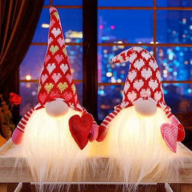 Juegoal 2 Pack Lighted Valentines Gnomes Decorations Handmade Mini Scandinavian Swedish Tomte Light Up Elf Holiday Battery Operated Valentine Gift Tabletop Ornament