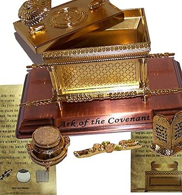 Holy Land Market ArkMedSet Replica of the Ark of the Covenant Gold Plated Medium Tabletop Display Includes Aarons Rod Manna Vessel