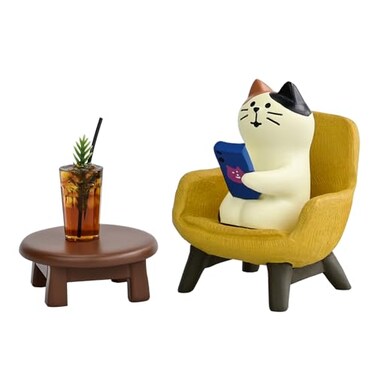Mevodeata Cute Cat Playing Phone on Sofa and Drinking Coffee Figurine for Office Home Decor Cute Cat Gift for Cat Lovers
