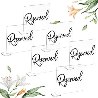 Bucherry 6 Pcs Black Reserved Table Signs 39 x 35 for Wedding Acrylic Reserved Seating Signs Clear Acrylic Stands with Cursive Letters for Chairs Wedding Party Meeting Restaurant Ceremony Office