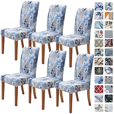 SPRINGRICO Chair Covers for Dining Room 6 Pack Stretch Dining Chair Cover Washable Spandex Kitchen Parsons Chair Slipcovers Removable Seat Protector for Home or Party 6 Pack Plants Blue