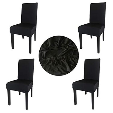 Gold Fortune 4Pack Dining Chair Covers Stretch Elastic Spandex Fabric Chair Protector Slipcovers Machine Washable Removable Seat Covers for Home Restaurant Office Black