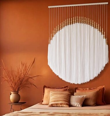IOWER Boho Wall Decor Yarn Wall Hanging Macrame Wall Hanging Fiber Wall Art White Beads Tassel Wall Decor Boho Chic Home Decor 39 W x 55 L