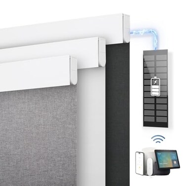 DENFOON Motorized Blinds with Remote control Custom Blackout Smart Blinds with CoverElectric Blinds with Complimentary Solar Panel Cordless Automatic Roller Shades for Windows White30W x 72H