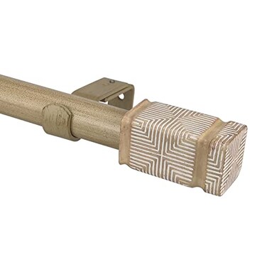 SKYPLUS LIVING Rustic Boho Style Single Curtain Rod Set with Carved Square Finial72144 inch Standard Single Beige Drapery Rod for 1 Pack 1 inch diameter Adjustable Length