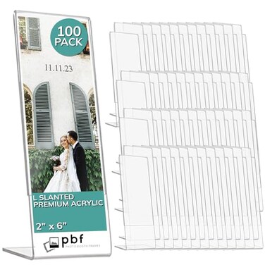 pbf PHOTO BOOTH FRAMES 2x6 Acrylic Sign Holder 2 x 6 Vertical Stand Up Slanted Sign Holder Acrylic Stands for Display Clear Picture Frame Menu Table Top Stand Plastic Flyer Holder 100Pack