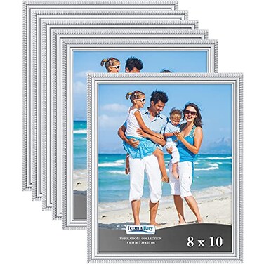 Icona Bay 8x10 Picture Frames Silver 6 Pack Beautifully Detailed Molding Contemporary Picture Frame Set Wall Mount or Table Top Inspirations Collection