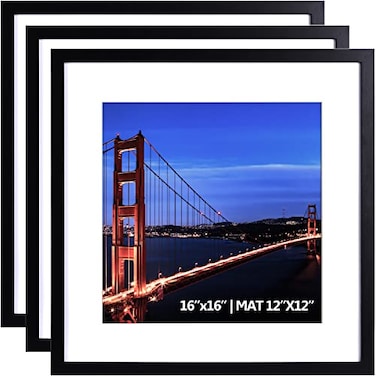 Yaetm 16x16 Picture Frame Black Set of 3 Square 16x16 Frame Displays 12x12 with Mat or 16 x 16 without Mat Gallery Wall Frames for Wall Mounting 3 Pack Black