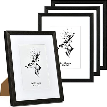 Yaetm 8x10 Picture Frame Set of 4 Solid Black Wood 8x10 Photo Frames with Tempered Glass Display 5x7 with Mat or 8 x 10 without Mat for Wall Mount and Tabletop 4 Pack Anthracite Black