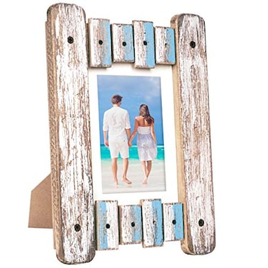 EXCELLO GLOBAL PRODUCTS Rustic Wooden Home Decor Picture Frame 825x115 in fits Pictures 5x7 and 4x6 with Matte Includes Self Standing Easel and Brackets for Wall Hanging Blue White