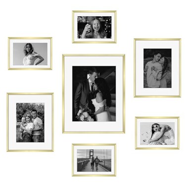 Frametory Gold Aluminum Picture Frame with Removable Mat Set of 7 Includes Four 5x7 Two 8x10 One 11x14 Real Glass Front Simple Gallery Wall Frames for Art Prints and Posters