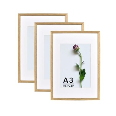 Atryinous A3 Oak Wood Picture Frame 3 Pack Natural Grain Photo Frame Display Picture A4 with Mat or 117x165 Without Mat Art Gallery Poster Frame