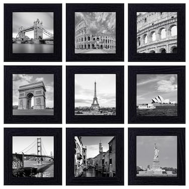 eletecpro 4x4 Picture Frames Set of 9 Classic Gallery Wall Frame Set Displays 4x4 Photo without Mat Square Picture Frames Collage Wall Decor Black Modern Home Decor for Hanging