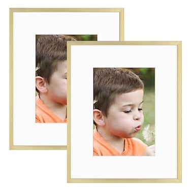 Frametory 8x10 Gold Aluminum Picture Frame Set of 2 Ideal for Displaying 5x7 Photos with Mat or 8x10 Without Mat Real Glass Front Simple Gallery Wall Frames for Art Prints and Posters