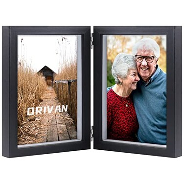 ORIVAN Double 5x7 Picture Frame Hinged Frame Vertical MDF Wood Photo Frames with Glass Front Black