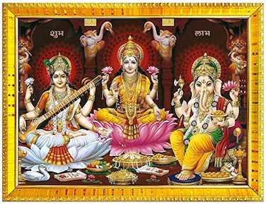 zig zag Rectangular Lakshmi Saraswati Ganesha Ji Photo Frame For Wall Table Pooja Room 7x9 inches Acrylic Glass Golden