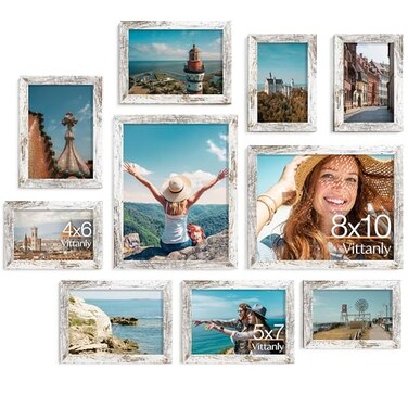 Vittanly Picture Frames Set of 10 Picture Frames Collage Wall Decor with Two 8x10 Four 5x7 and Four 4x6 Photo Frames Gallery Wall Frame Set for Wall or Tabletop Display Distressed White