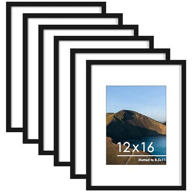 PEALSN 12x16 Picture Frame Set of 6 Display Pictures 85 x 11 with Mat or 12 x 16 without Mat for Wall Mounting Display Photo Frames Collage for Wall Decor Black