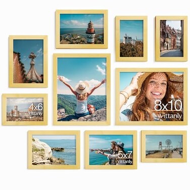 Vittanly Picture Frames Set of 10 Picture Frames Collage Wall Decor with Two 8x10 Four 5x7 and Four 4x6 Photo Frames Gallery Wall Frame Set for Wall or Tabletop Display Gold