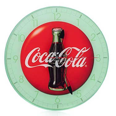 Mark FeldsteinAssociates Mark Feldstein Associates Coca Cola Bottle Round Vintage Red Button Logo 12 x 12 Glass Wall Clock