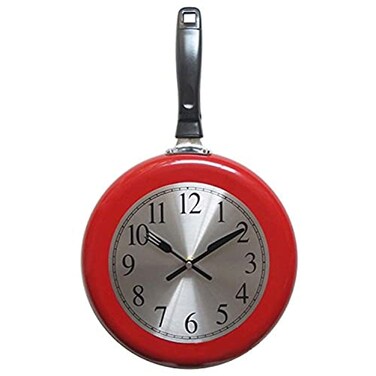 Timelike Wall Clock 10 inch Metal Frying Pan Kitchen Wall Clock Home Decor Kitchen Themed Unique Wall Clock with a Screwdriver Red