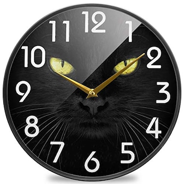 Naanle Black Cat Looking Camera Round Wall Clock 12 Inch Silent Battery Operated Quartz Analog Quiet Desk Clock for HomeOfficeSchool