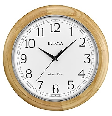 Bulova C5005 Wooden Atomic Analog Wall Clock Automatically Sets Time Large Roman Numerals Battery Operated Traditional Design