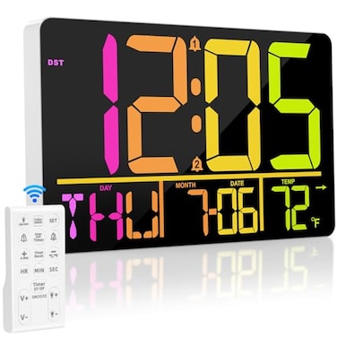 PERSUPER 13 Large Digital Wall Clock with Remote RGB Color Changing 25 Ringtones 0100 AutoCustom Brightness Temperature Calendar 1224H DST Timer for Living RoomBedroomOfficeElderly
