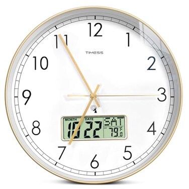 TIMESS Atomic Analog Wall Clock WWVB SelfSetting Battery Operated 12 Dial NonTicking Silent Easy to Read Use Clock with LCD Display Ideal Modern Home Kitchen Office Dcor Gold