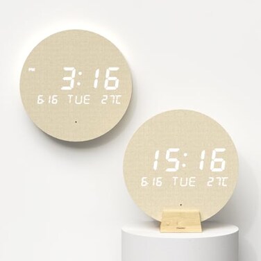 mooas Wood Moon Cordless Mini Digital LED Wall Clock Date Temperature Auto Brightness Digital Wireless Wall Clock Modern Minimalist Dcor for Office Livingroom Bedroom Wall MountWooden Stand