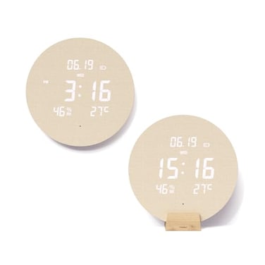 mooas Wood Moon Cordless Digital LED Wall Clock Time Week Temperature Humidity Sound SensorAuto Brightness Modern Dcorative LED Clock for Bedroom Livingroom Wireless Wall MountWooden Stand
