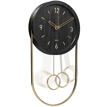 Driini Decorative Wall Clock with Pendulum Black Modern Wood 3D Gold Numbers Metal Frame Small Unique Wall Clocks for Living Room Decor or Bathroom Battery Operated Silent NonTicking
