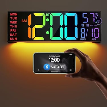 JALL 162 Large Digital Wall Clock with Bluetooth Sync RGB Digital Clock Large Display with Auto DST Wall Clock for Classroom Bedroom Gym Office Led Clock for Seniors Black