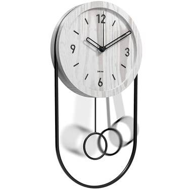Driini Decorative Wall Clock with Pendulum White Modern Wood 3D Gold Numbers Metal Frame Small Unique Wall Clocks for Living Room Decor or Bathroom Battery Operated Silent NonTicking
