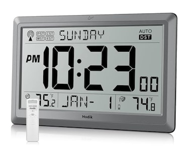 HODIK Wall Clock Atomic with Indoor Outdoor Temperature Battery Powered Easy Reading with 105 Inch LCD Display 330FT Range Table Wall Clock with DST 1224 Hour for Living Room Kitchen Silver