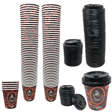 Tsyware Disposable Paper Coffee Cups with Lids Perfect For Tea Hot Drinks 100 Pack 8 oz Coffee Bean Design
