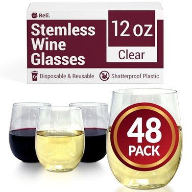Reli. Reli Disposable Wine Glasses 48 Pack 12oz Plastic Stemless Wine Glasses Disposable Clear and Stemless for Parties Cocktails Whiskey Weddings Shatterproof