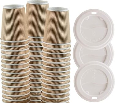 1InTheHome Disposable Coffee Cups with Lids Paper Cups 10 oz Insulated Ripple Wall 50 Pack