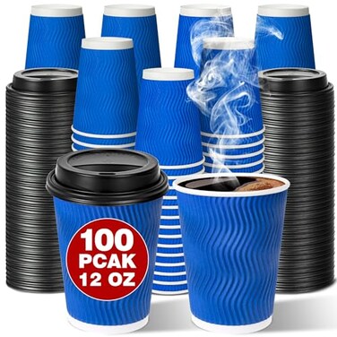 Ginkgo Disposable To Go Coffee Cups with Lids 12 oz 100 Pack Double Wall Ripple Insulated Blue Paper Cups for Hot Beverage Chocolate Cocoa and coffee
