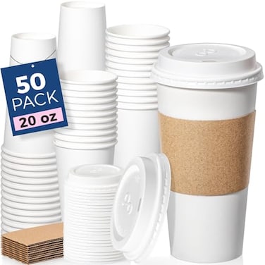 Fit Meal Prep 50 Pack 20 oz Disposable Coffee Cups with Lids Sleeves LeakProof To Go Coffee Cups with Lids Durable Hot Paper Cups for Home Office Party Business