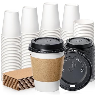 Fit Meal Prep 100 Pack 12 oz Disposable Coffee Cups with Lids Sleeves LeakProof To Go Coffee Cups with Lids Durable Paper Cups for Hot Beverage Home Office Party