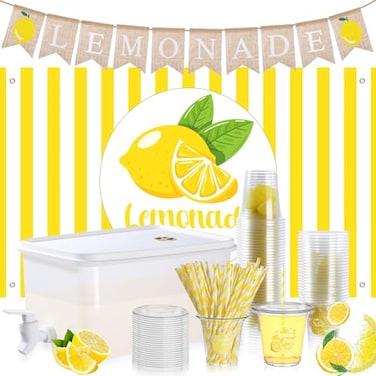 Jingmore 103 Pcs Lemonade Stand Supplies Includes Burlap Banner Sign Stand Table Cover 50 Sets Lemonade Cups with Lids and Straws 5l Plastic Drink Dispenser Decorations Kit Supplies