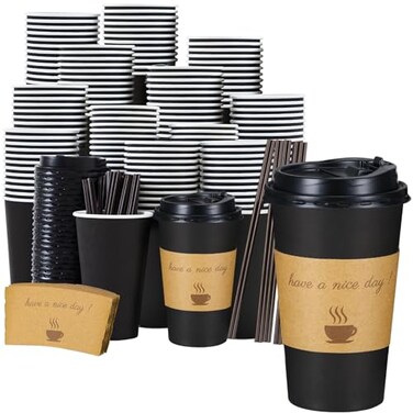 Lamosi 16 oz Coffee Cups 50 Pack Disposable Coffee To Go Cups with Lids Stir Sticks and Sleeves 16 oz Black Hot Paper Cup for Home Travel Office