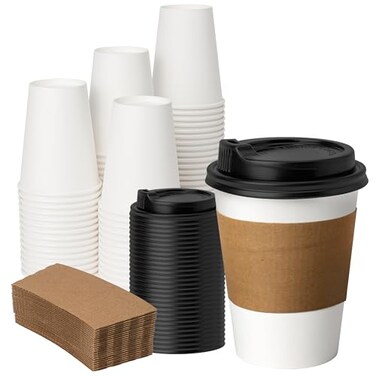 YEEHAW 12 oz 50 Pack Coffee Cups with Lids and Sleeves To Go Hot Cups for Coffee Disposable Paper Cups Ideal for Cafes Bistros